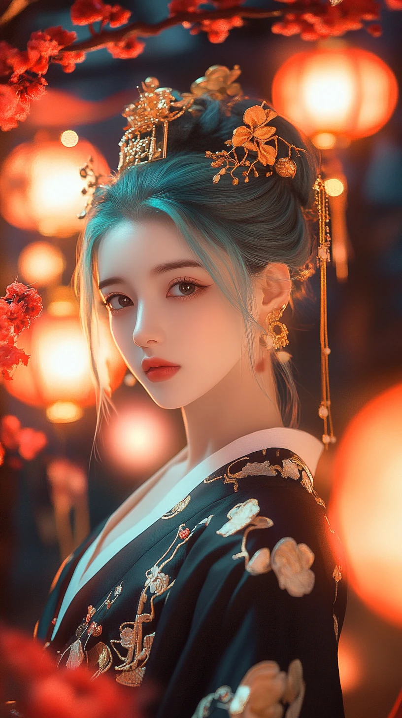 Ragazza anime serena sotto lanterne rosse in una notte di luna piena