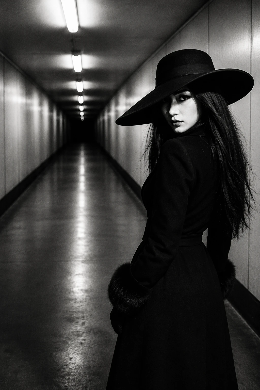 Femme mystérieuse au chapeau noir dans un couloir blanc éclatant