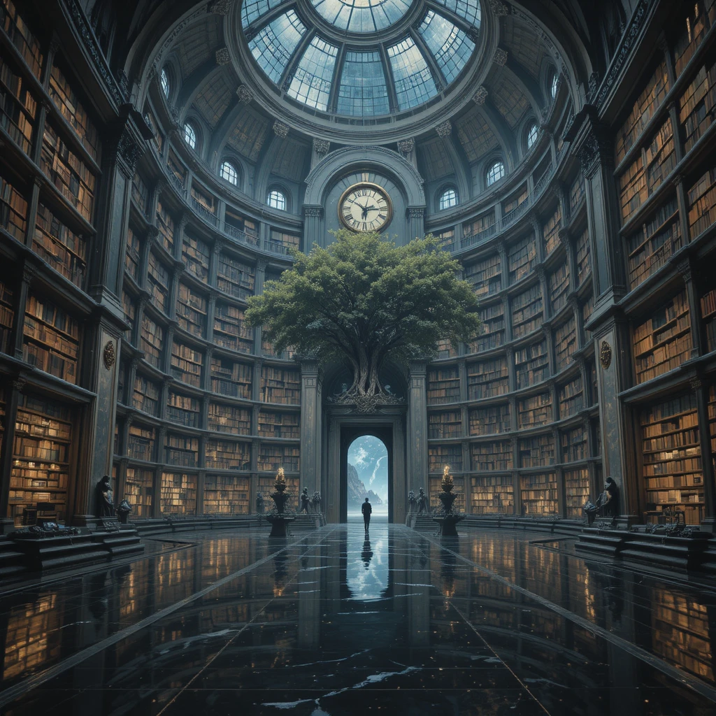 Palácio-biblioteca flutuante surreal sobre um oceano silencioso à noite
