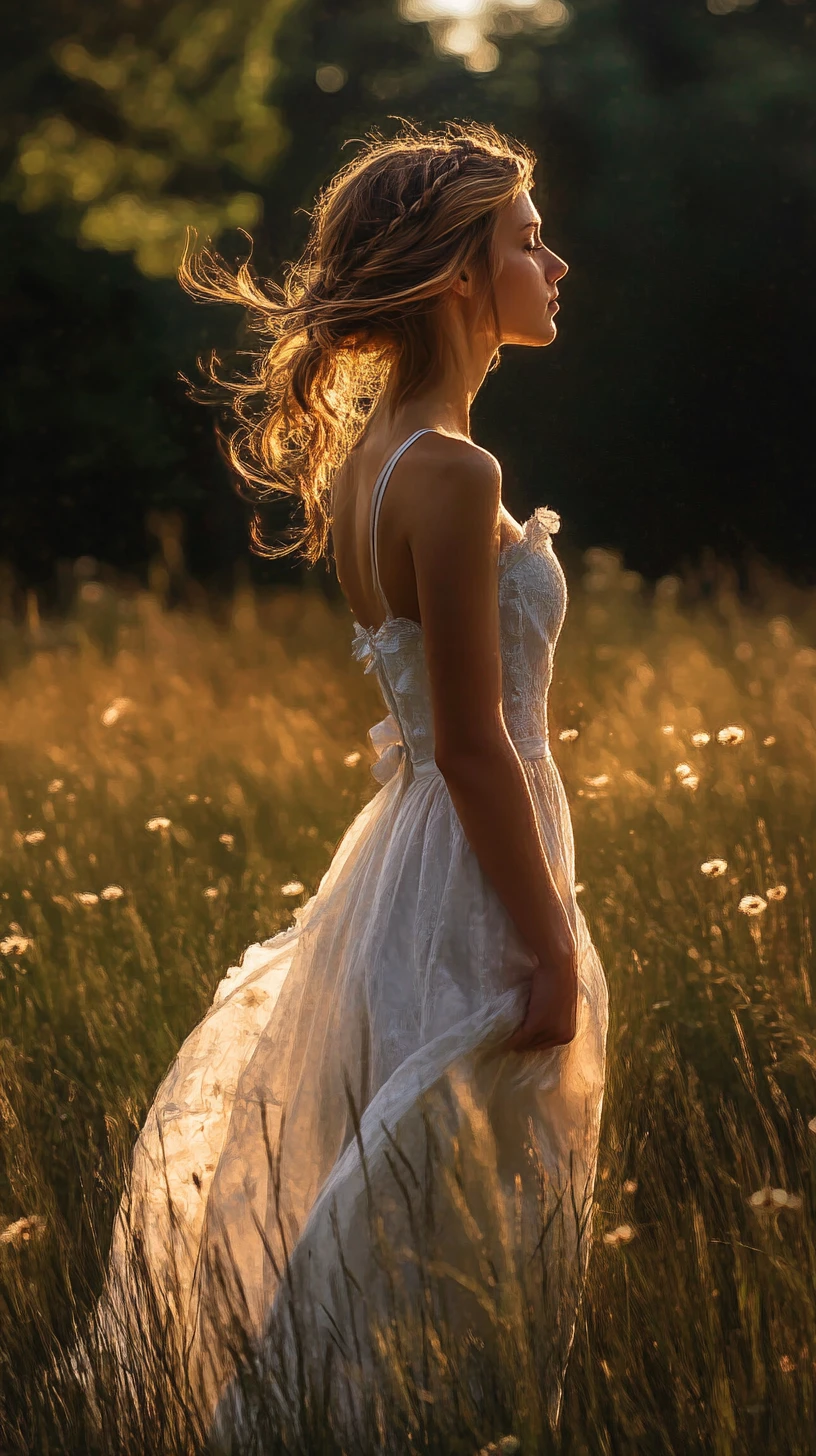 Jovem mulher de vestido branco em um prado ao pôr do sol