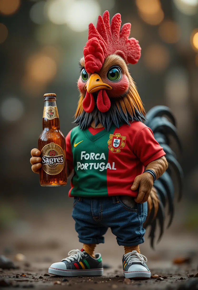 Barcelos-Hahn im Portugal-Fußballtrikot mit Bier in der Hand