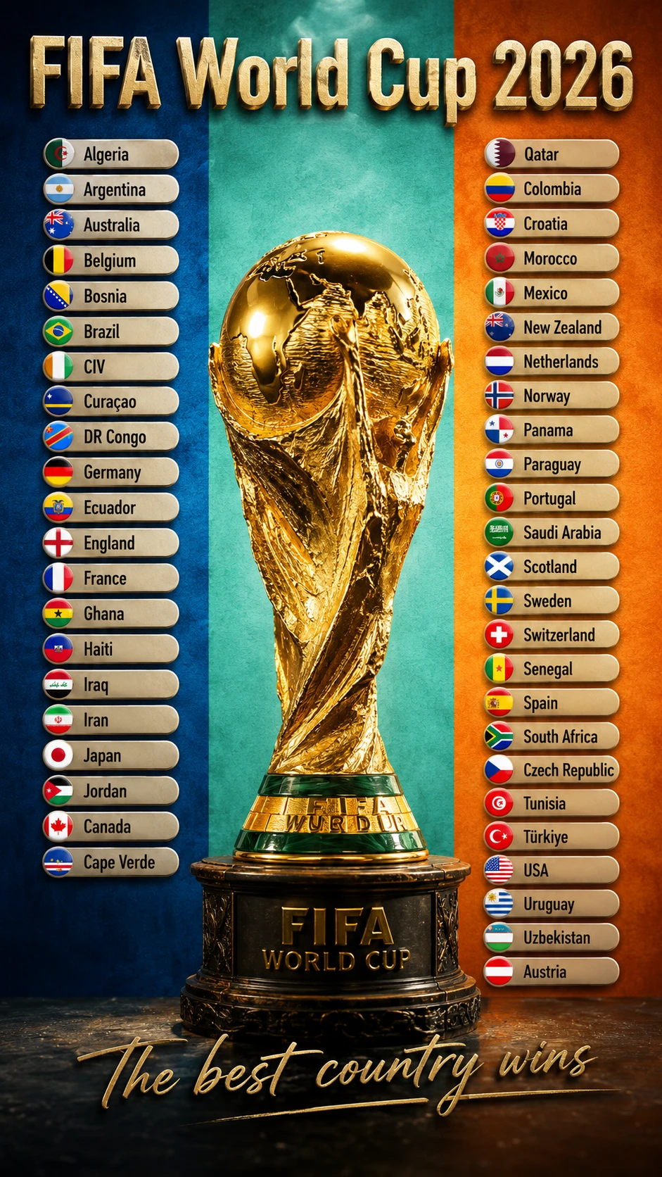 Troféu da Copa do Mundo dourado e cinematográfico em fundo colorido texturizado