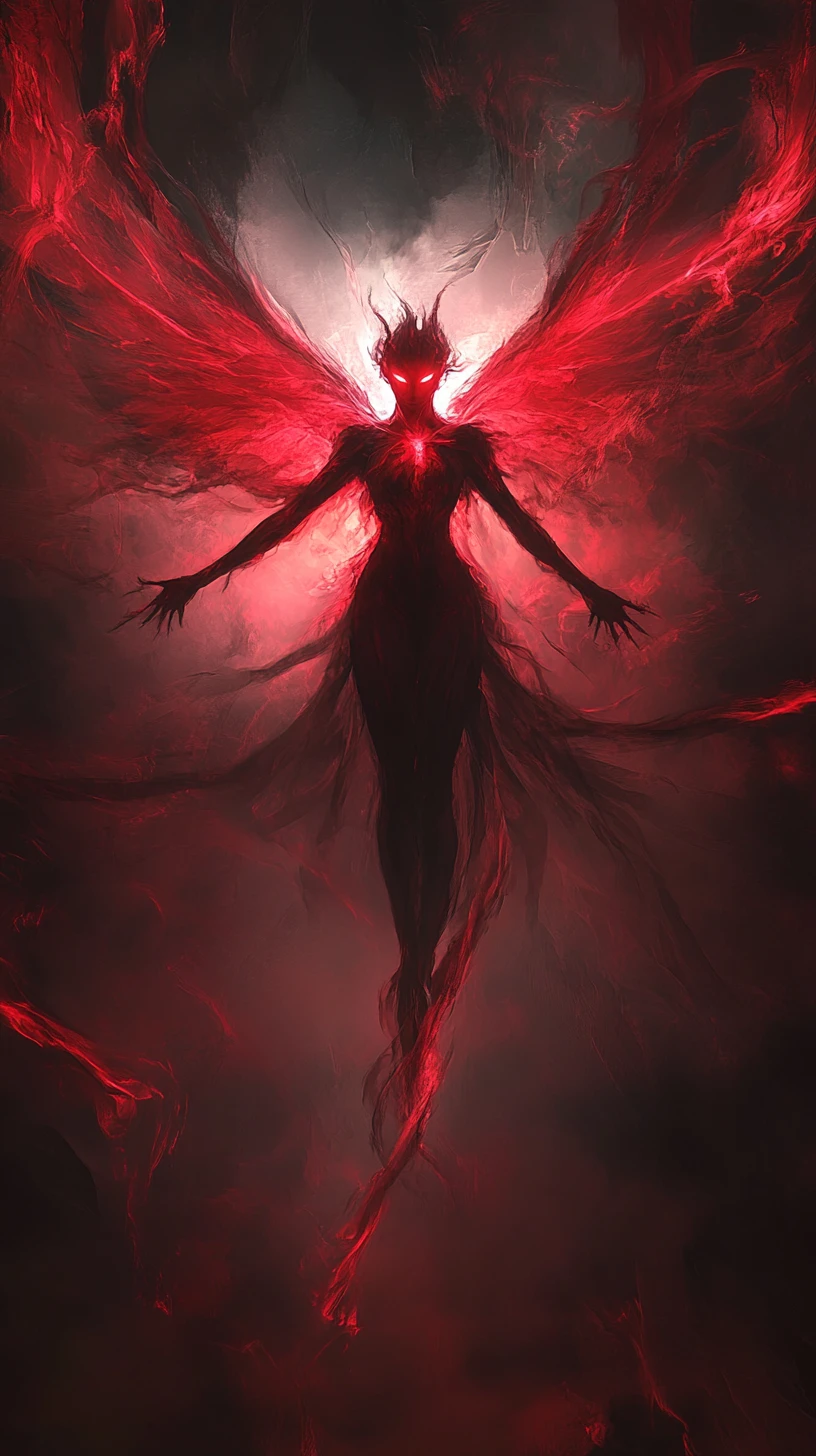 Silhouette de fée sombre aux ailes d’énergie rouge lumineuse