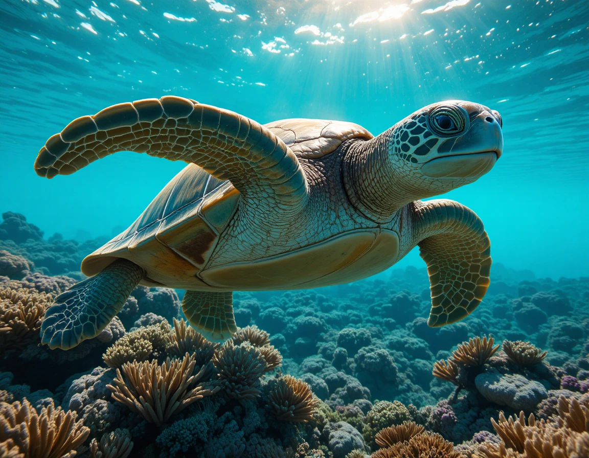 Tortuga marina deslizándose sobre un arrecife de coral iluminado por el sol