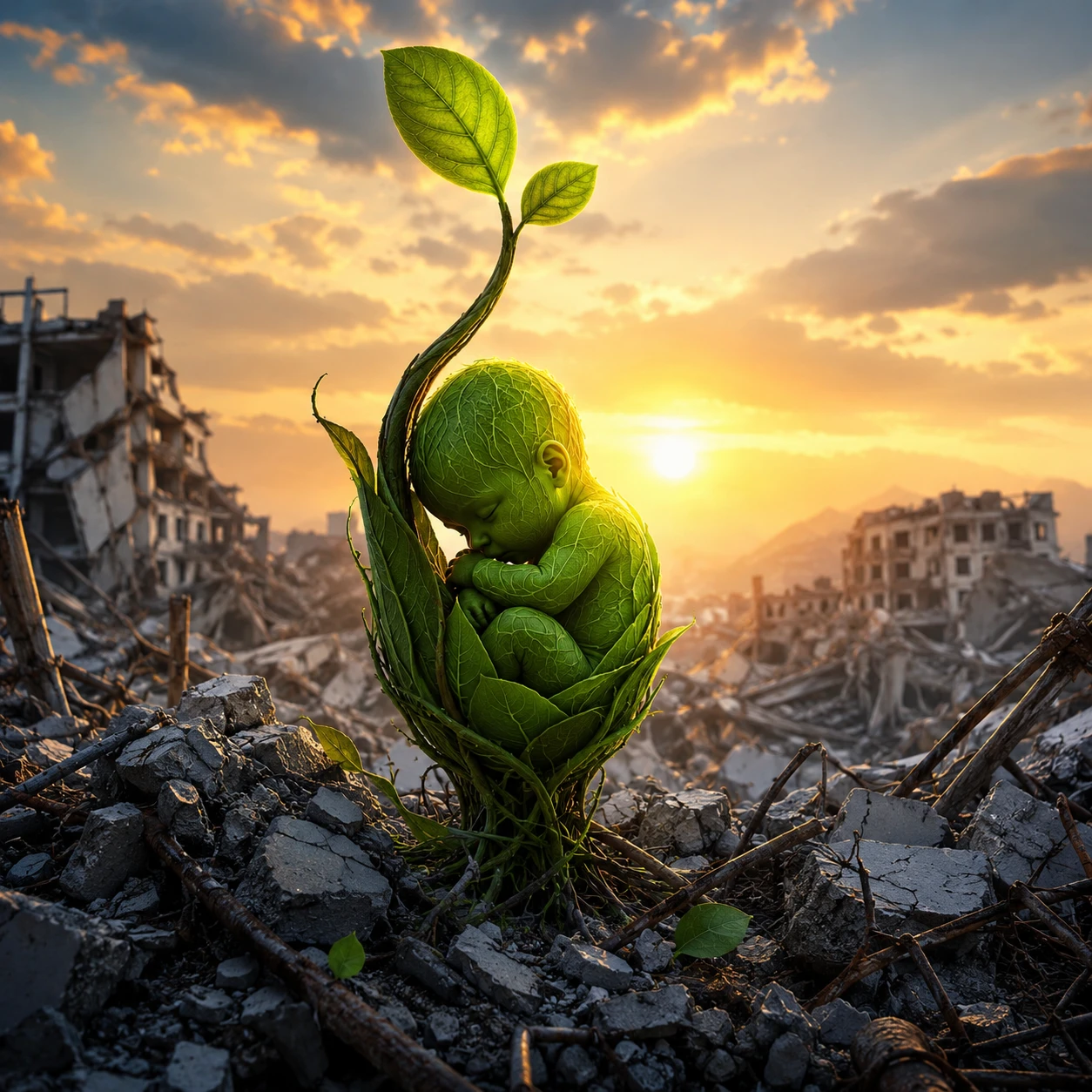 Planta em forma de recém-nascido surgindo de cidade arrasada por terremoto