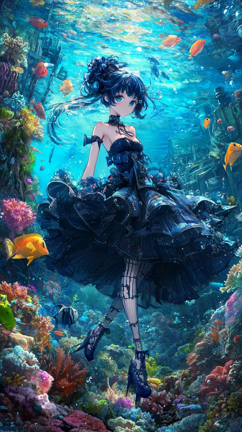 Recife de coral colorido e peixinhos em uma cena subaquática de anime