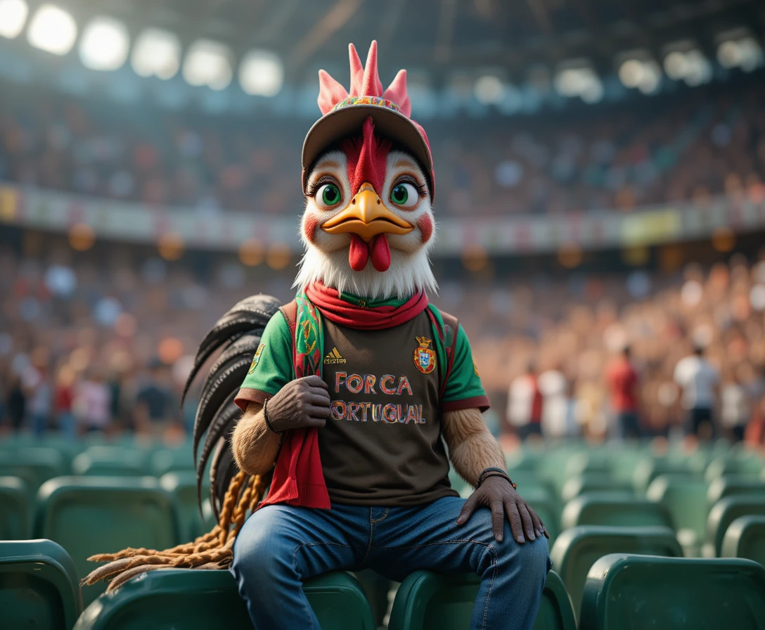 Mascote de galo com roupa de torcedor de futebol no estádio