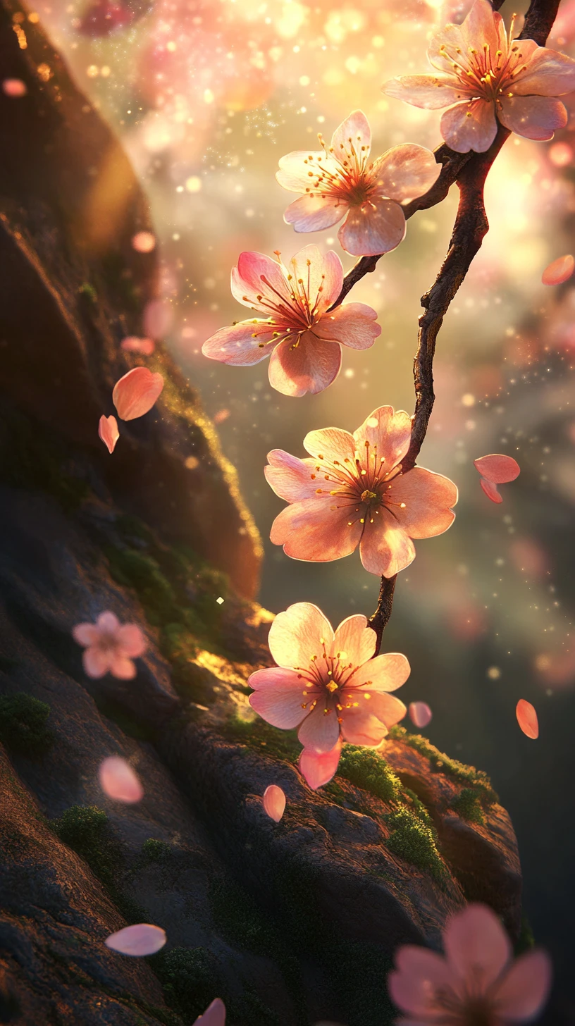 Branche de fleurs de cerisier lumineuse dans une forêt enchantée