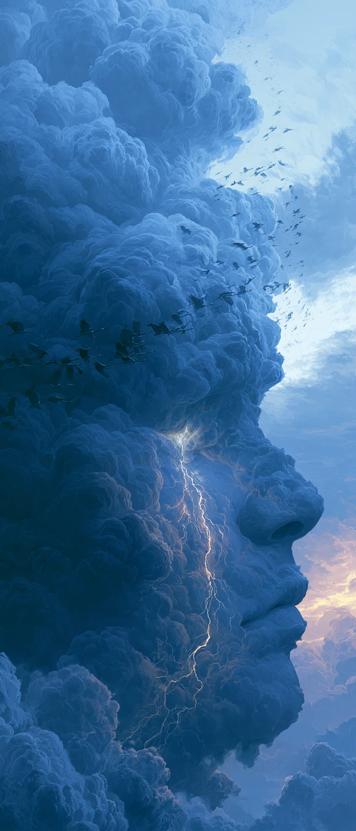 Visage surréaliste en pleurs formé par des nuages du crépuscule et des grues