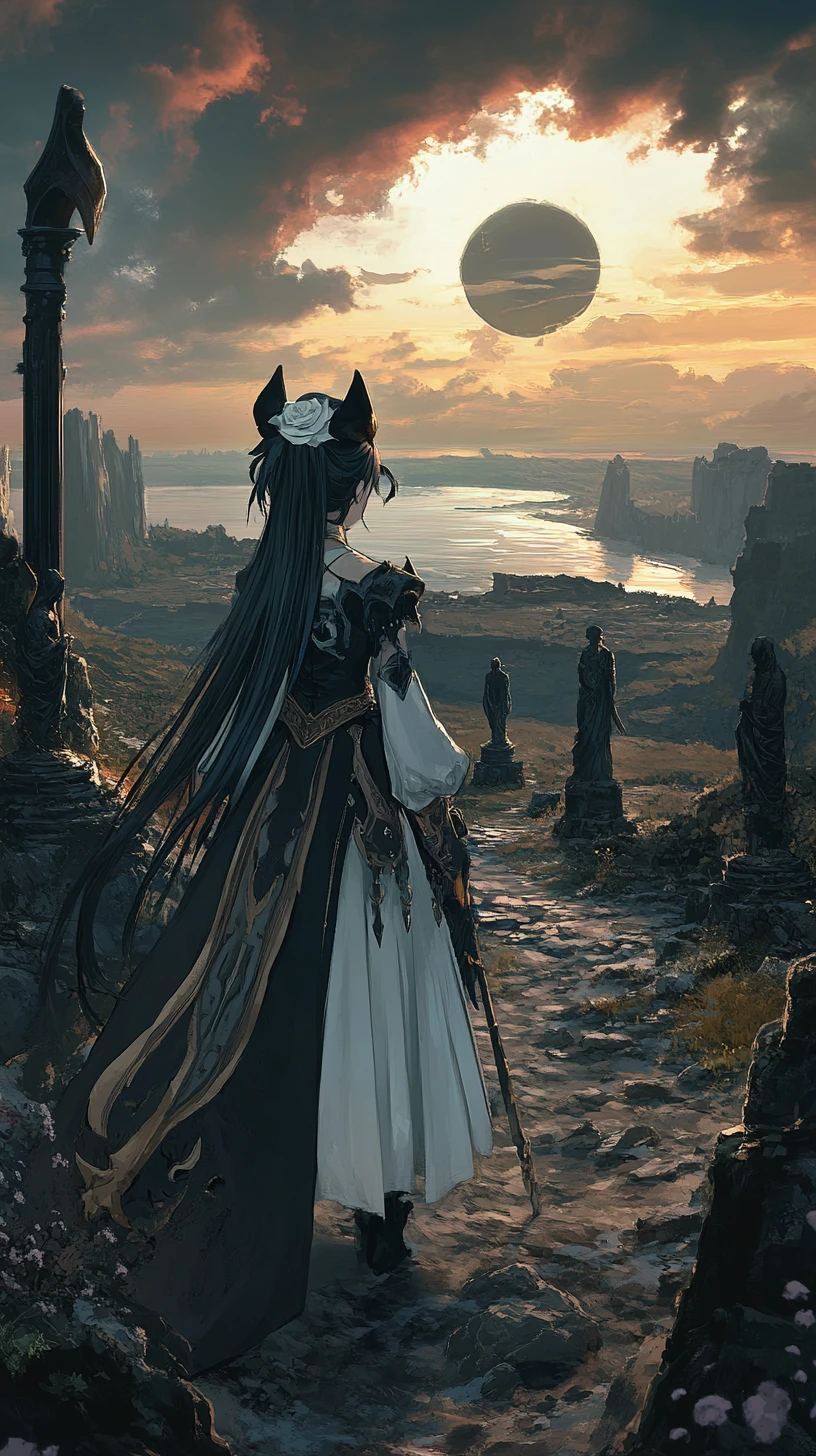 Garota de anime em círculo de pedra ao pôr do sol à beira-mar