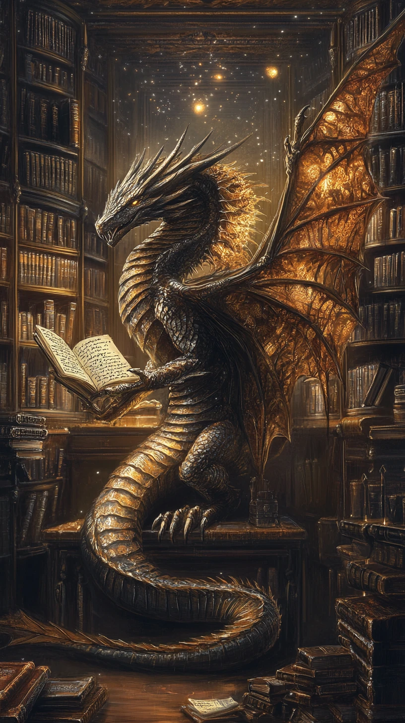 Dragon antique lové dans une vaste bibliothèque hors du temps