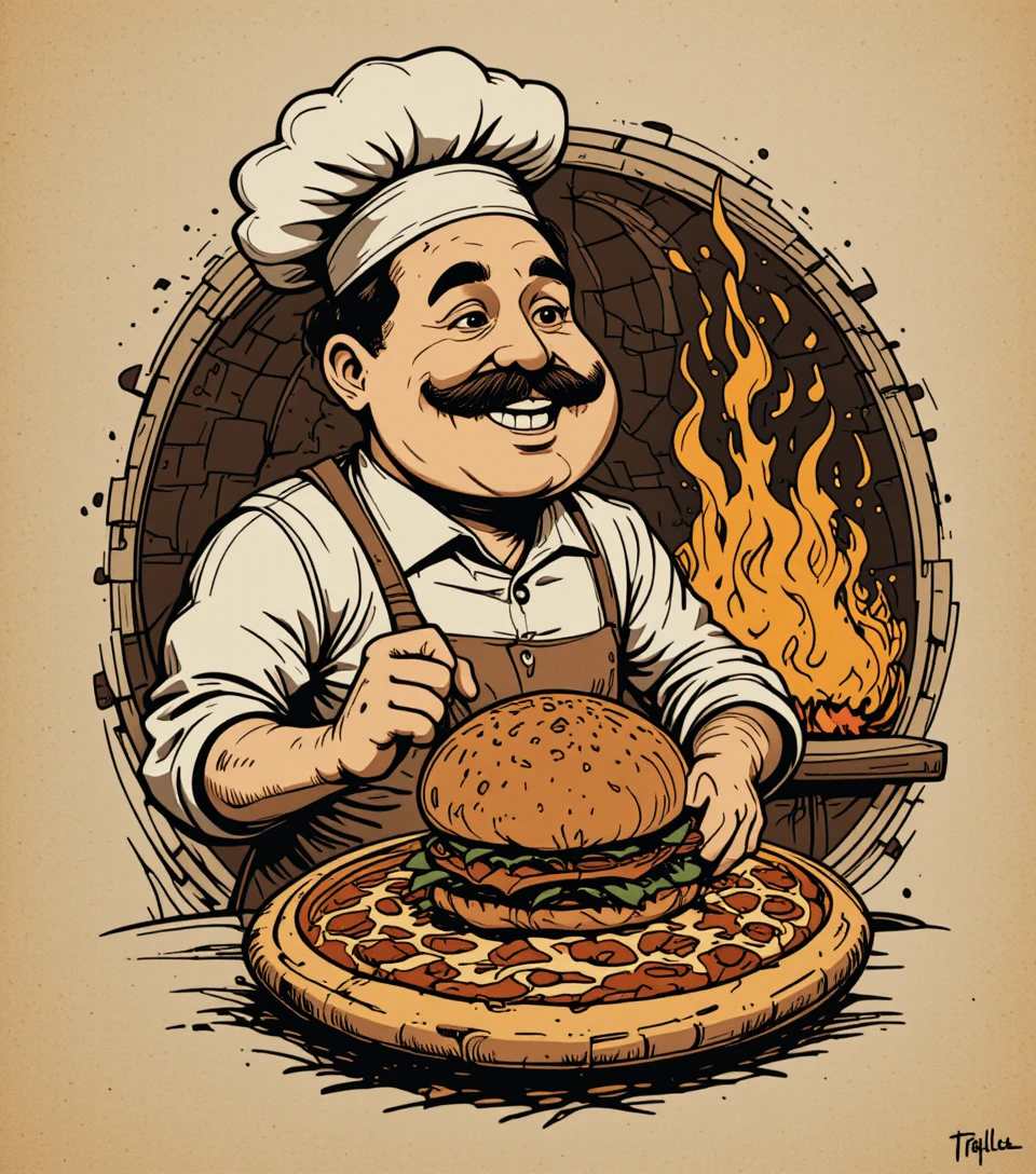 Chef bem-humorado servindo hambúrguer com pá de pizza ao lado de forno de tijolos
