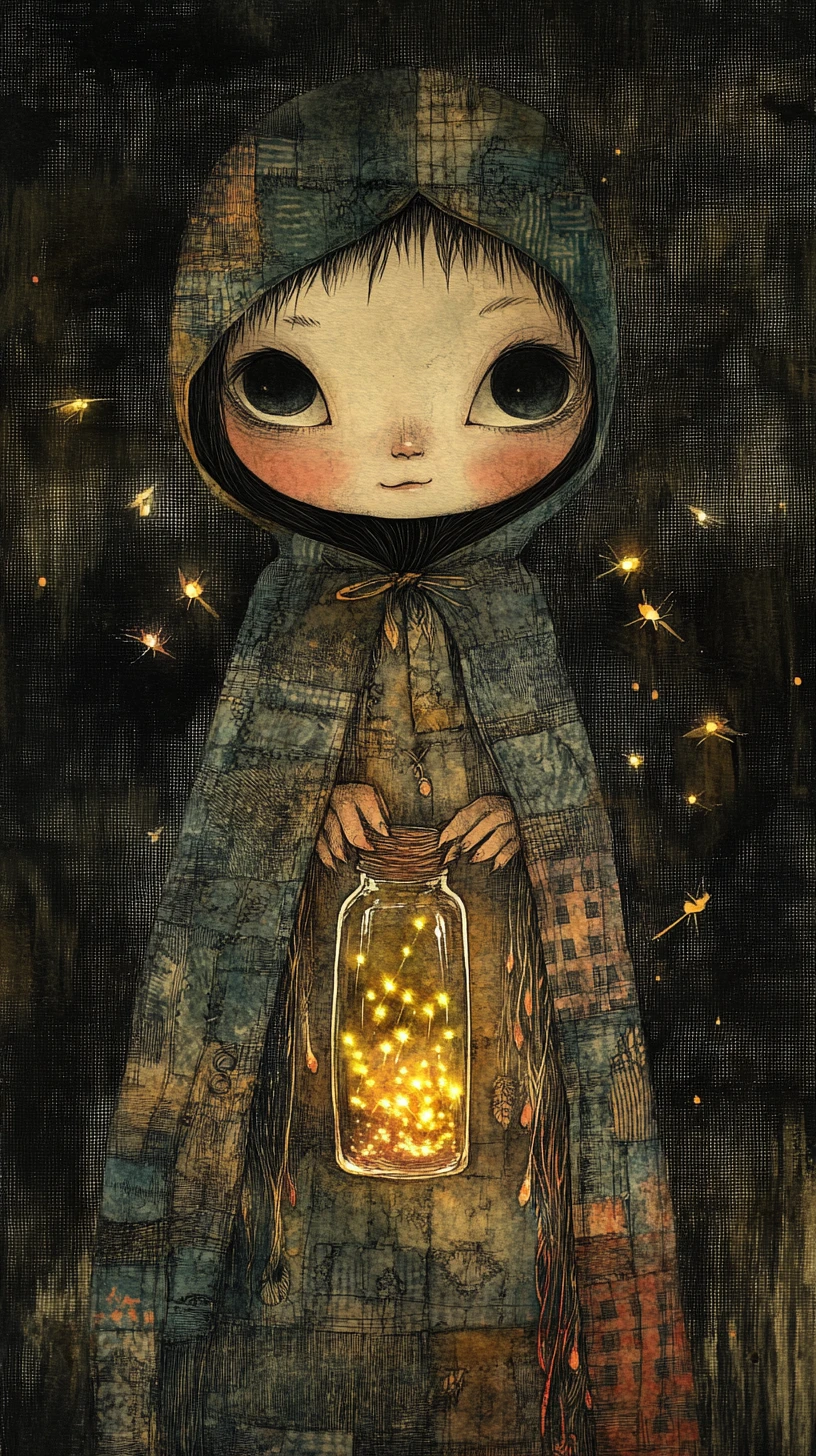 Silhouette d’enfant tenant un flacon de lucioles lumineux dans une cape en patchwork