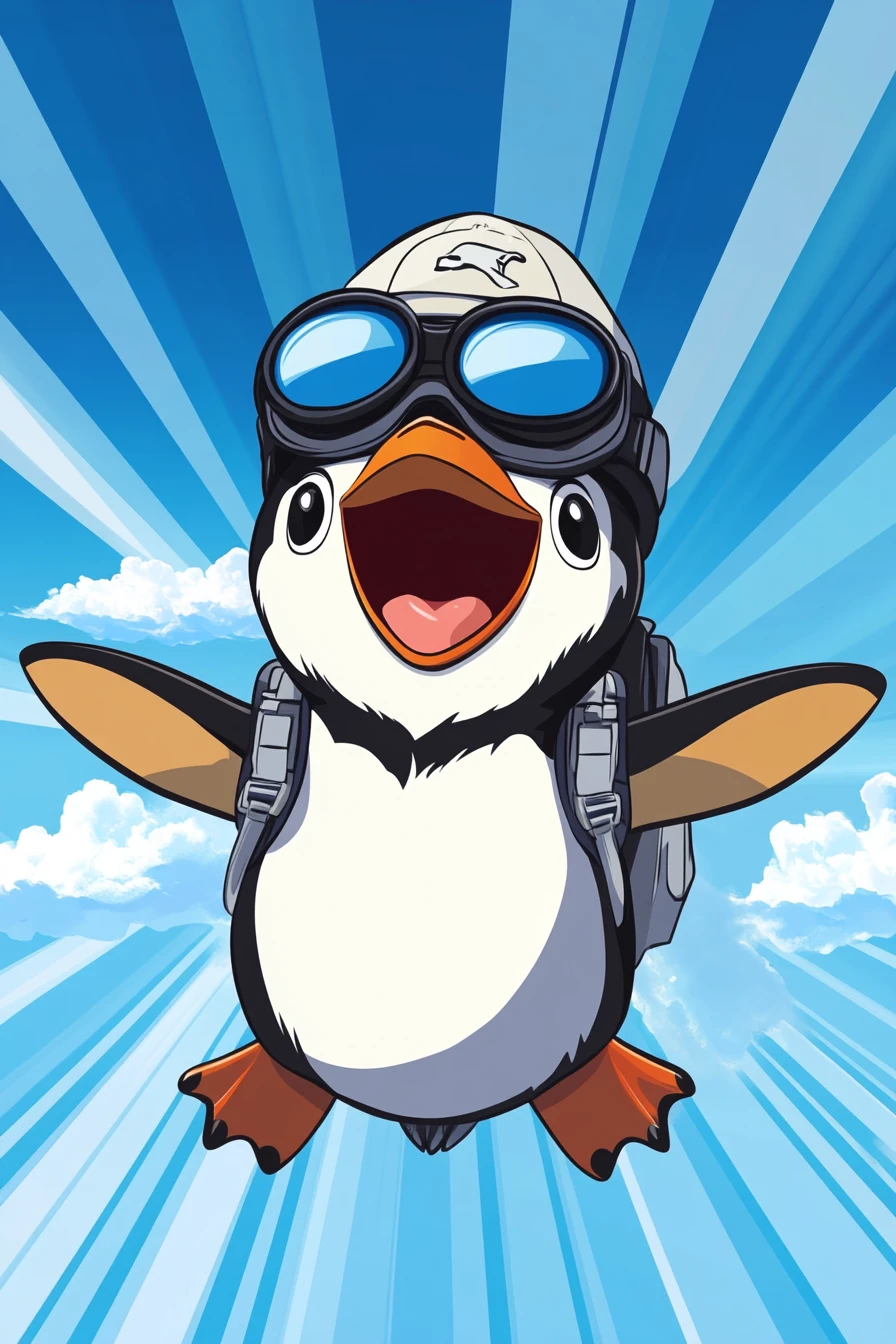 Alegre pingüino piloto volando un colorido jet chárter