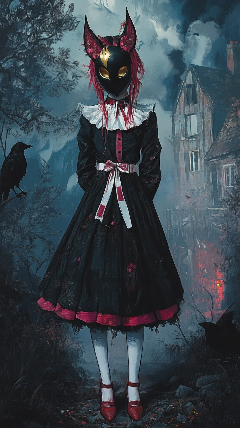 Ragazza anime mascherata in paesaggio oscuro di fantasia onirica