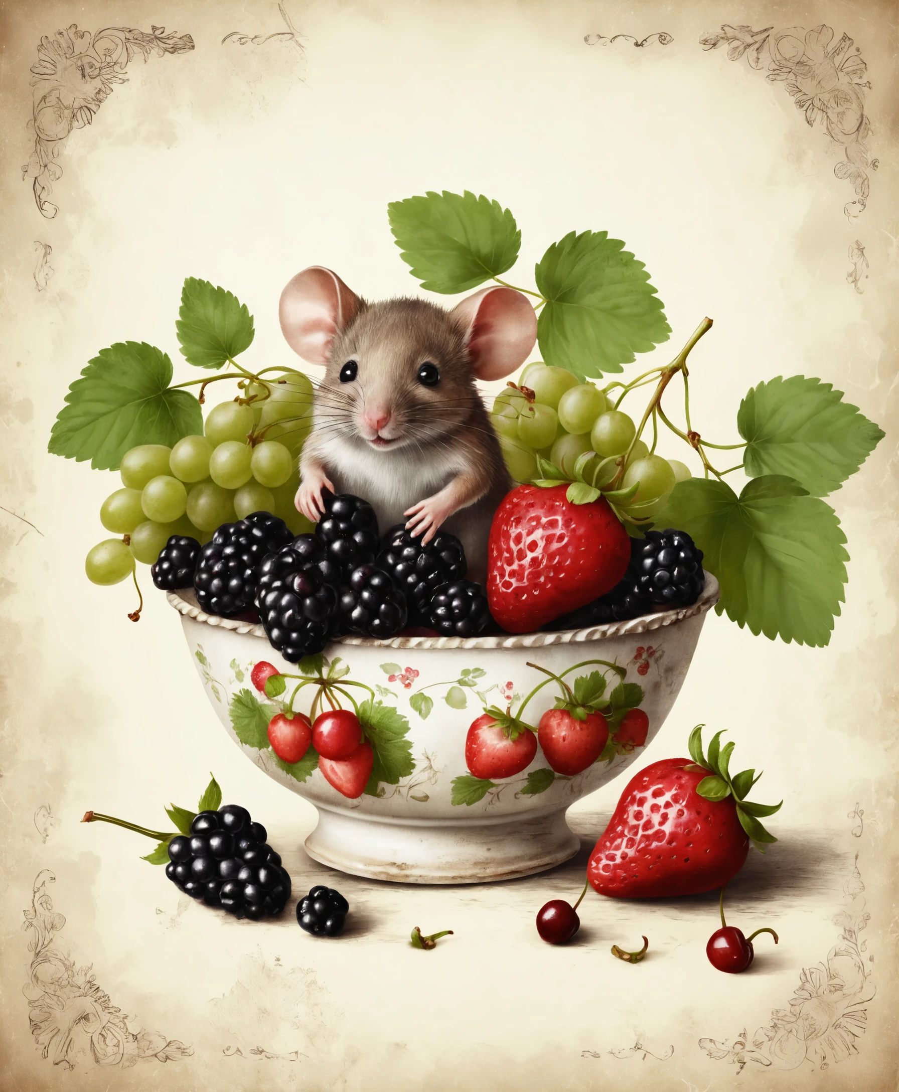 Vintage-Obstschale mit Maus in rustikaler Stillleben-Szene