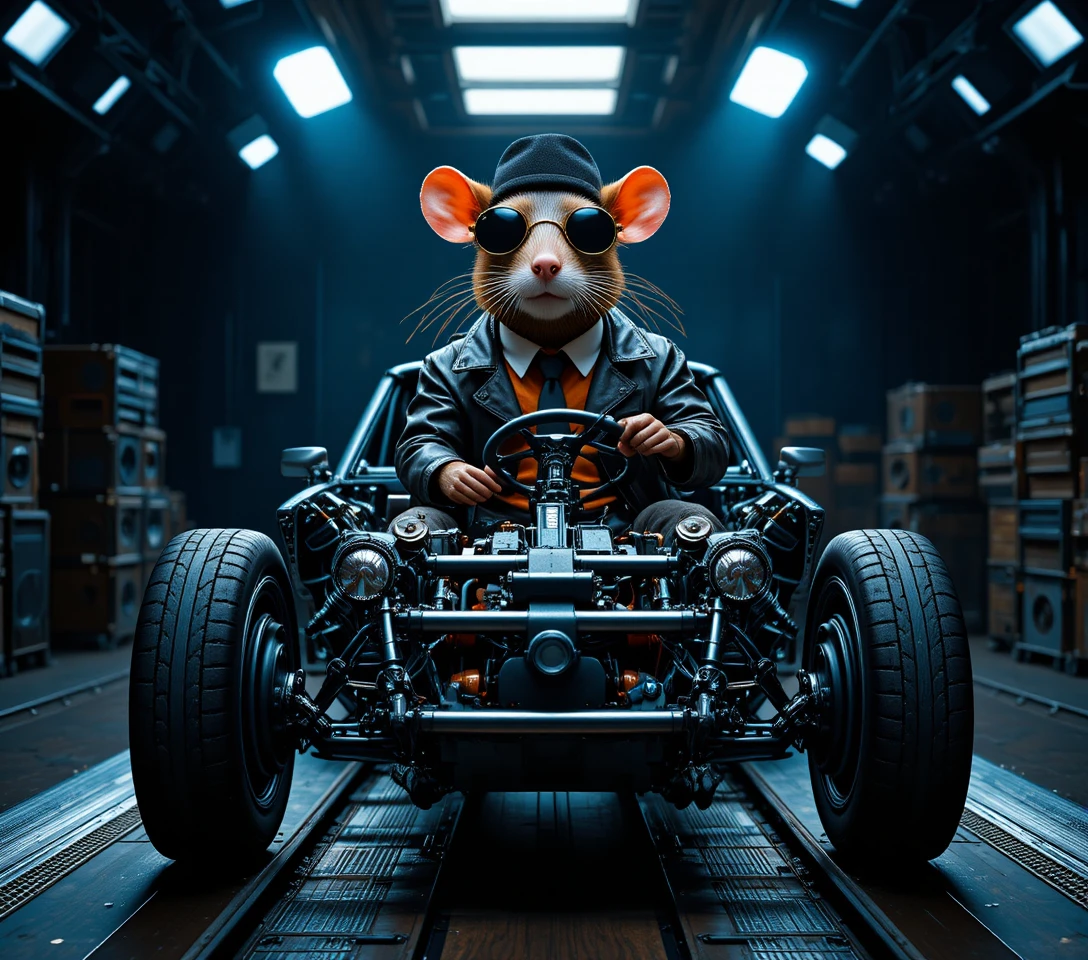 Rat anthropomorphique en veste de cuir dans un décor industriel sombre