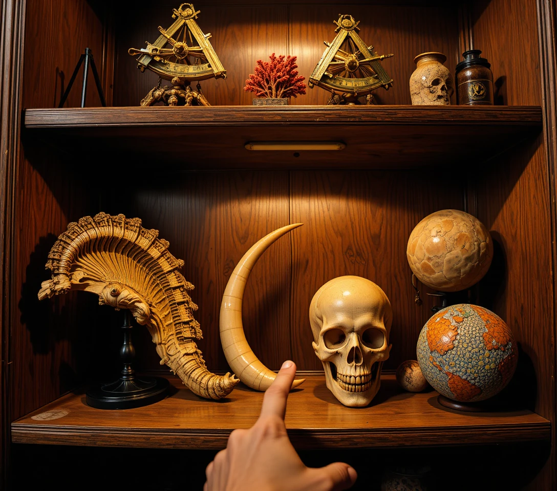 Libreria delle curiosità con teschio e strumenti antichi