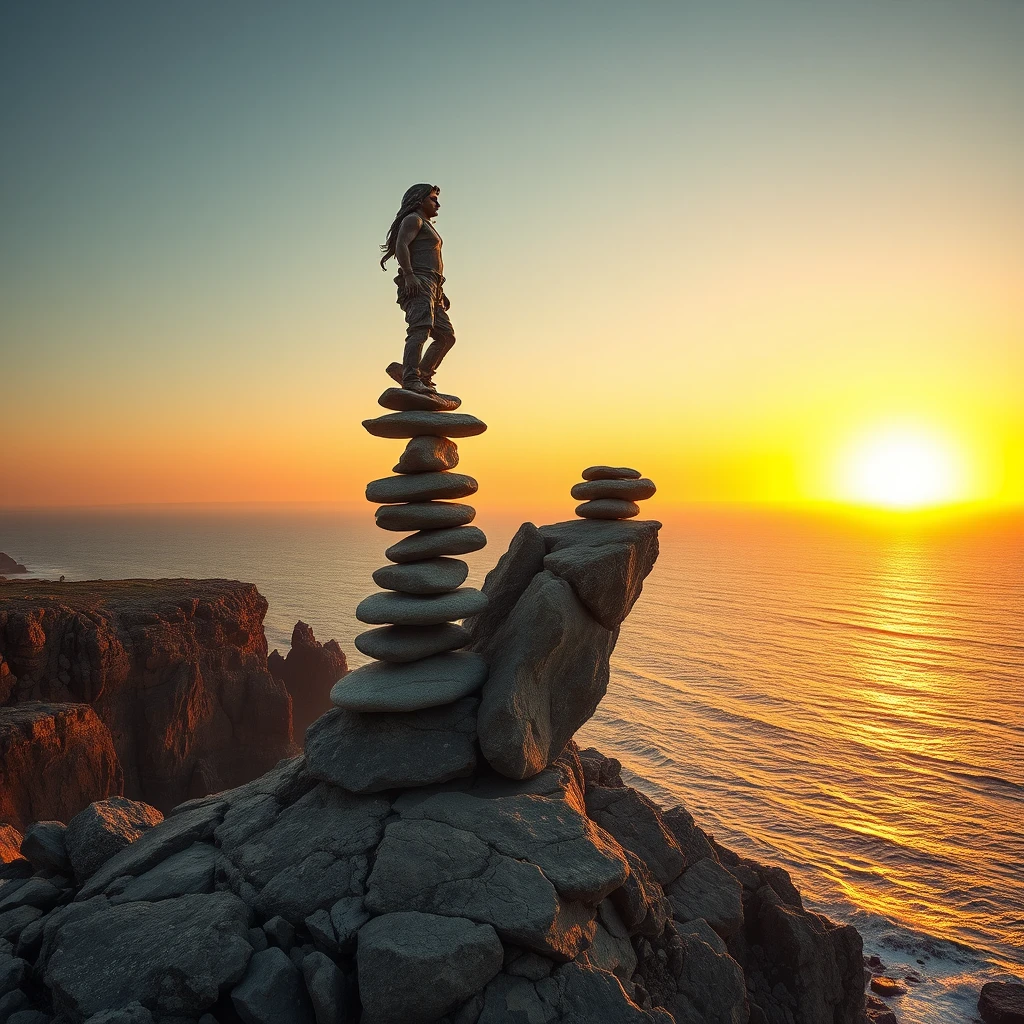 Stone balance sculpture on a dramatic coastal cliff at sunset