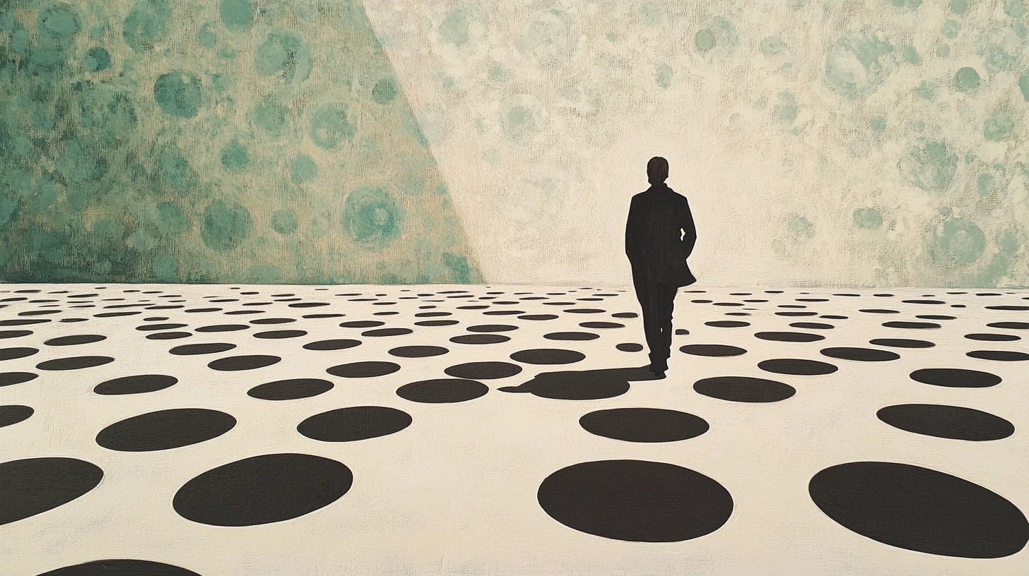 Persona che cammina attraverso un motivo di pois che svanisce verso uno spazio minimale