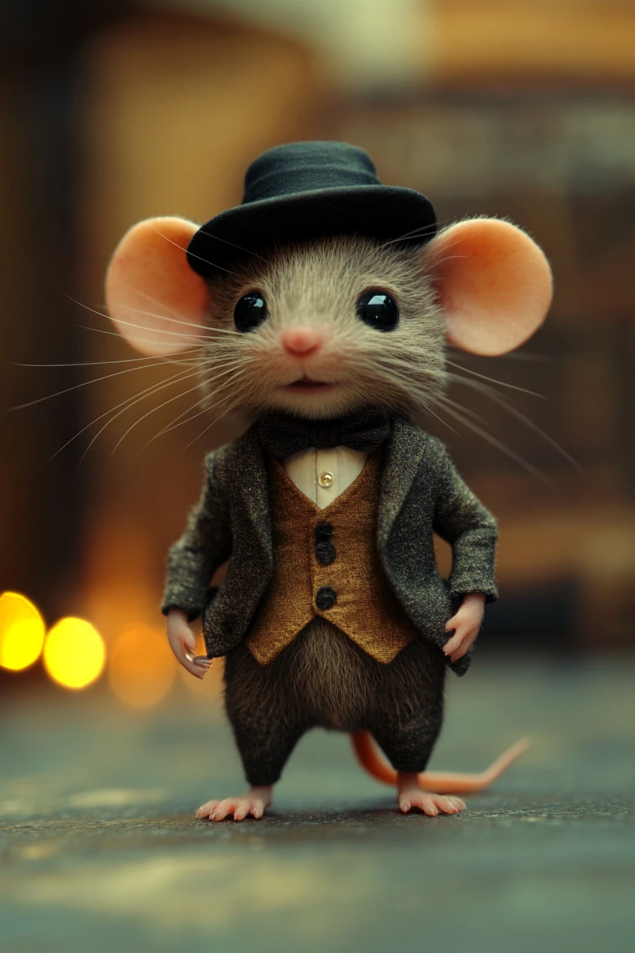 Süße Fantasy-Maus als Gangster in einer theatralischen Kunstszene