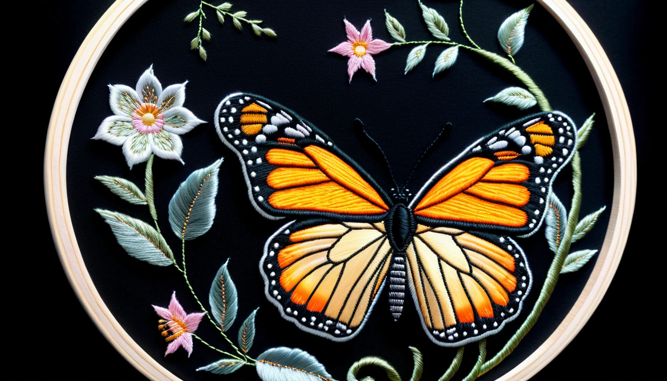 Flor Bordada Brilhante com Borboleta-Monarca em Fundo Preto