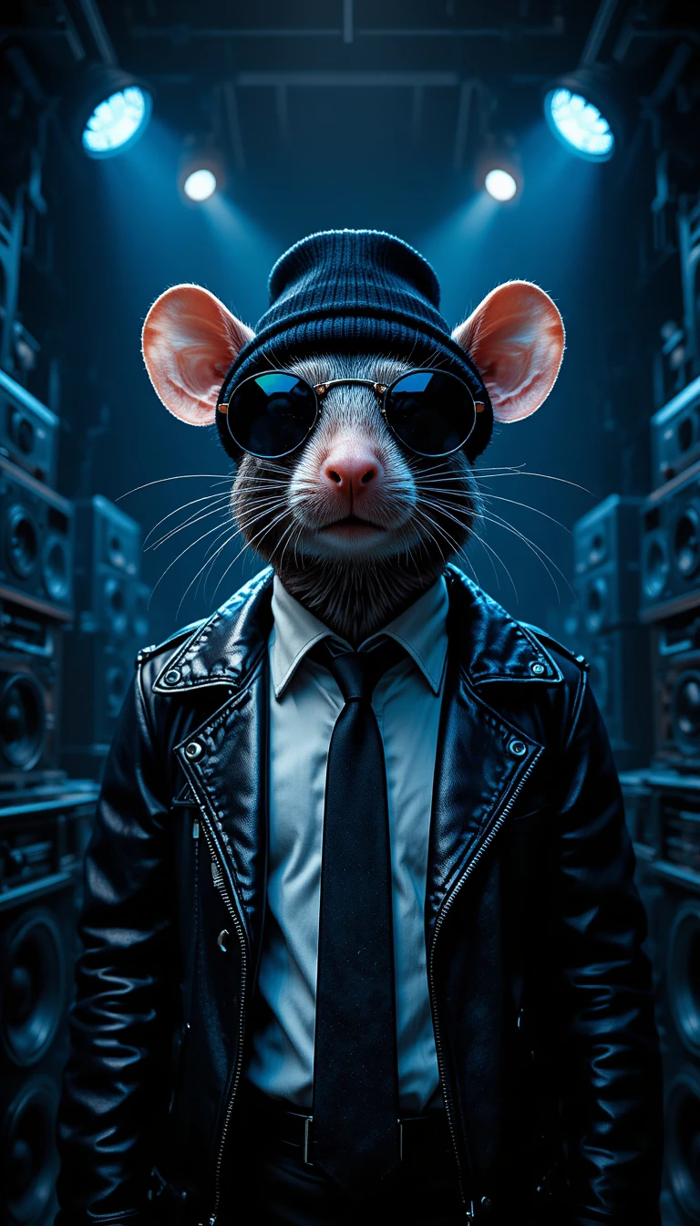 Rat anthropomorphe en blouson de cuir dans un décor industriel