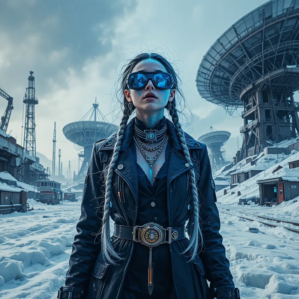 Cyber-Femme Fatale in polarer industrieller Glitch-Landschaft