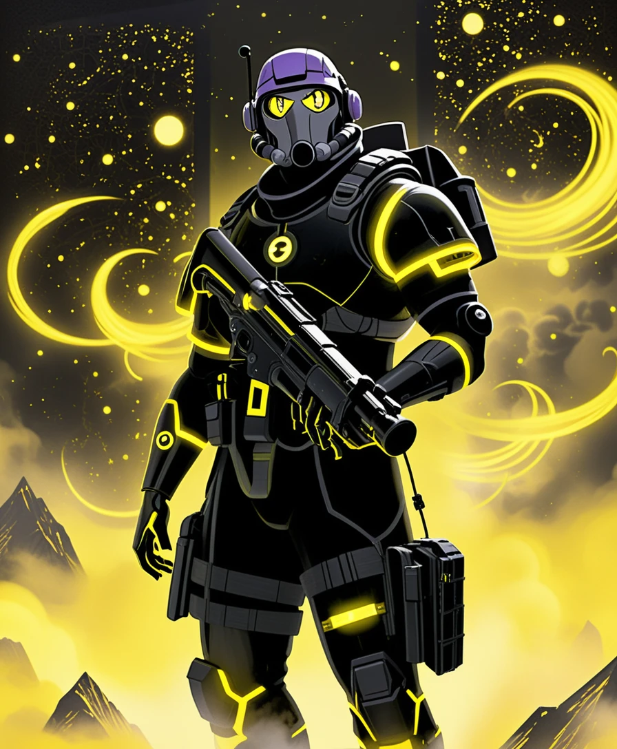Engenheiro blindado com espingarda em espaço amarelo surreal