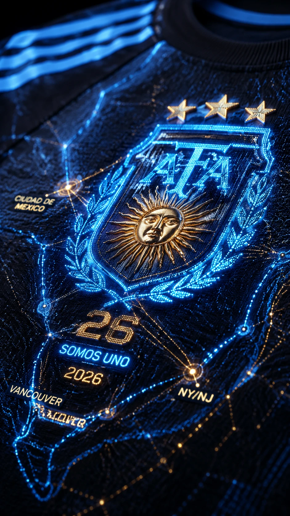 Makroansicht des leuchtenden Argentinien-2026-Cyber-Trikotwappens