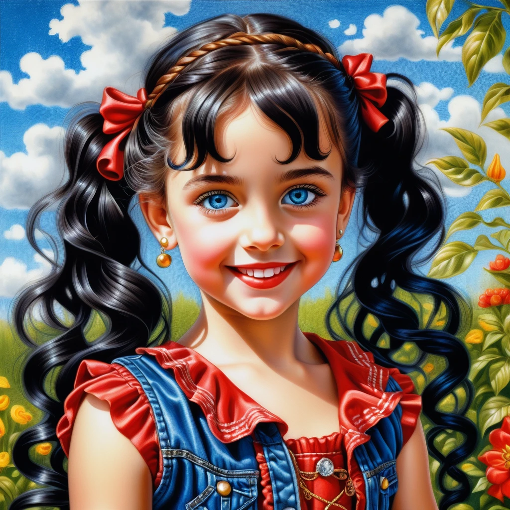 Menina sorridente com longos cabelos cacheados usando blusa dourada