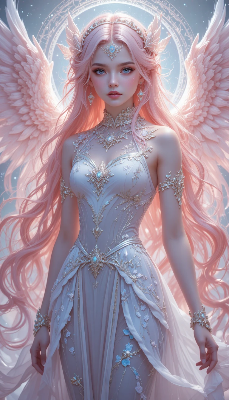 Joven chica sanadora de anime de cabello rosa con alas brillantes