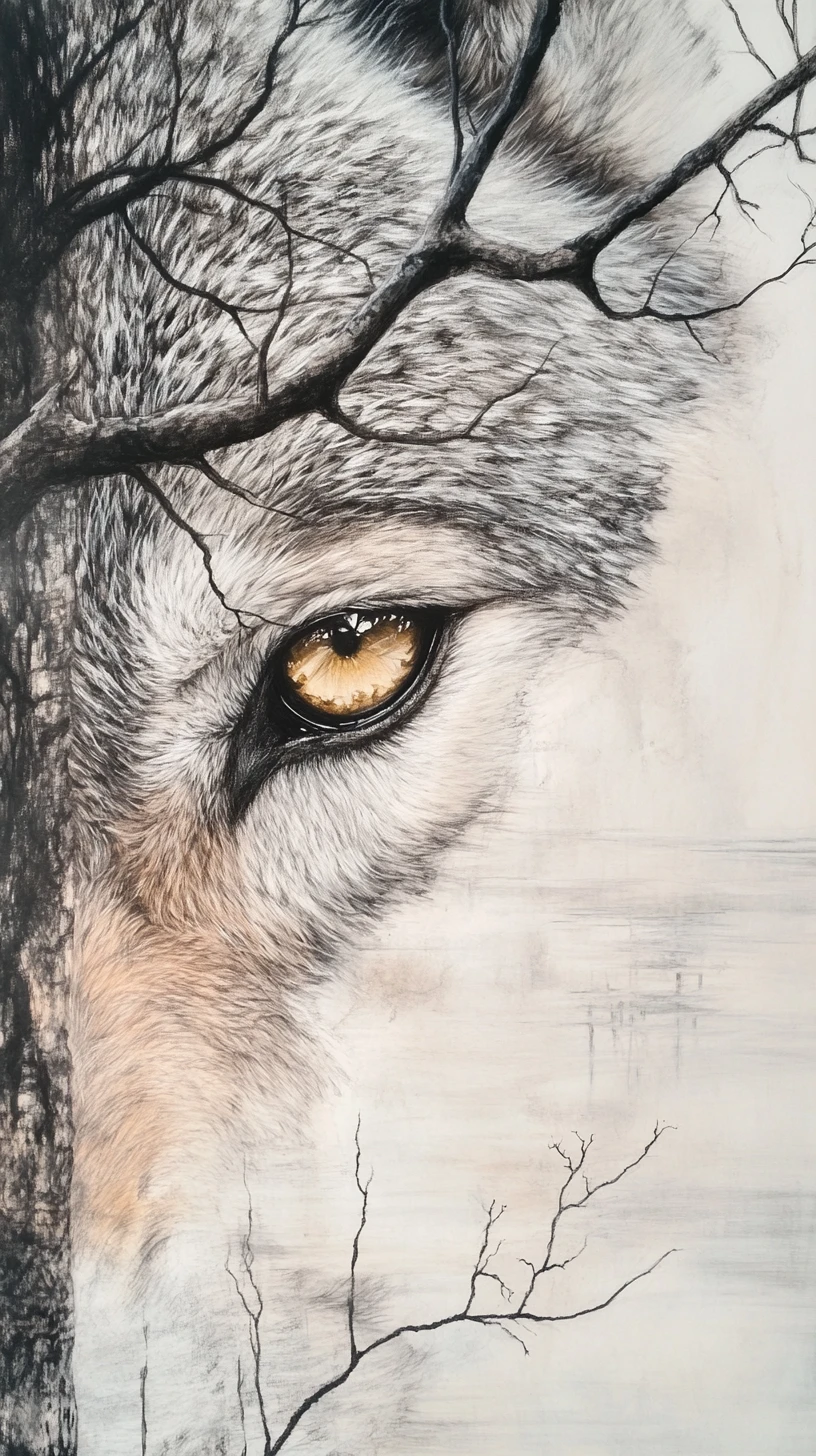 Retrato em close de lobo com olho surreal e reflexivo