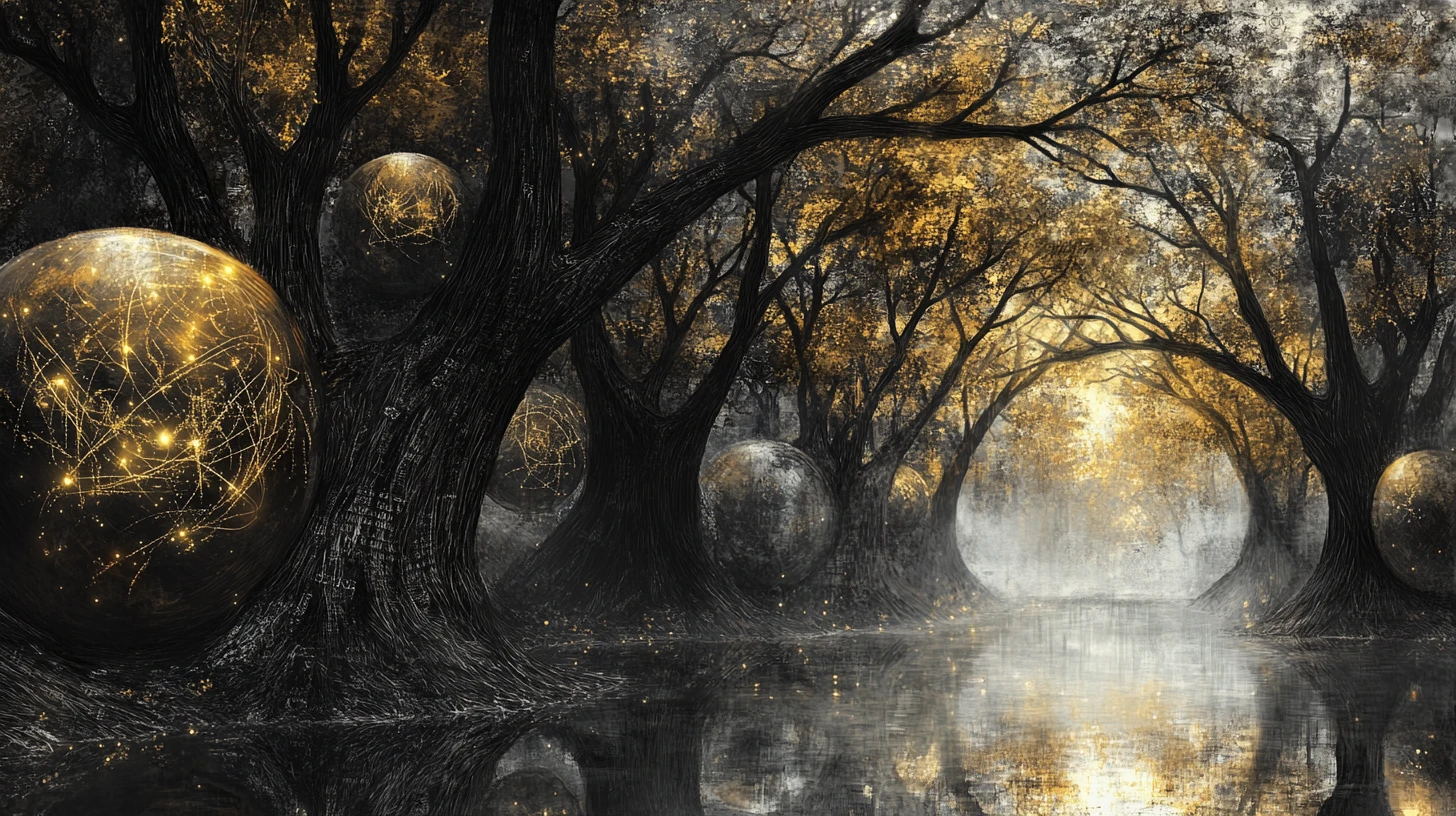 Ancient trees rise from mirrored water into glowing data orbs