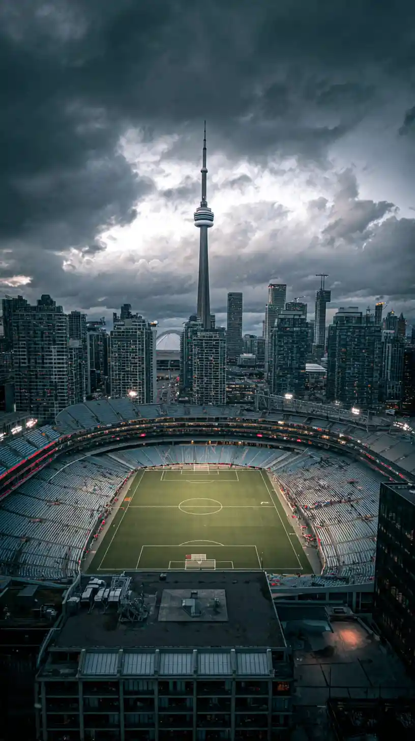 Dark artistic view of Toronto cityscape by football stadium