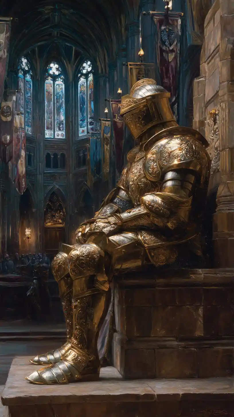 Golden armoured medieval knight seated on stone throne
