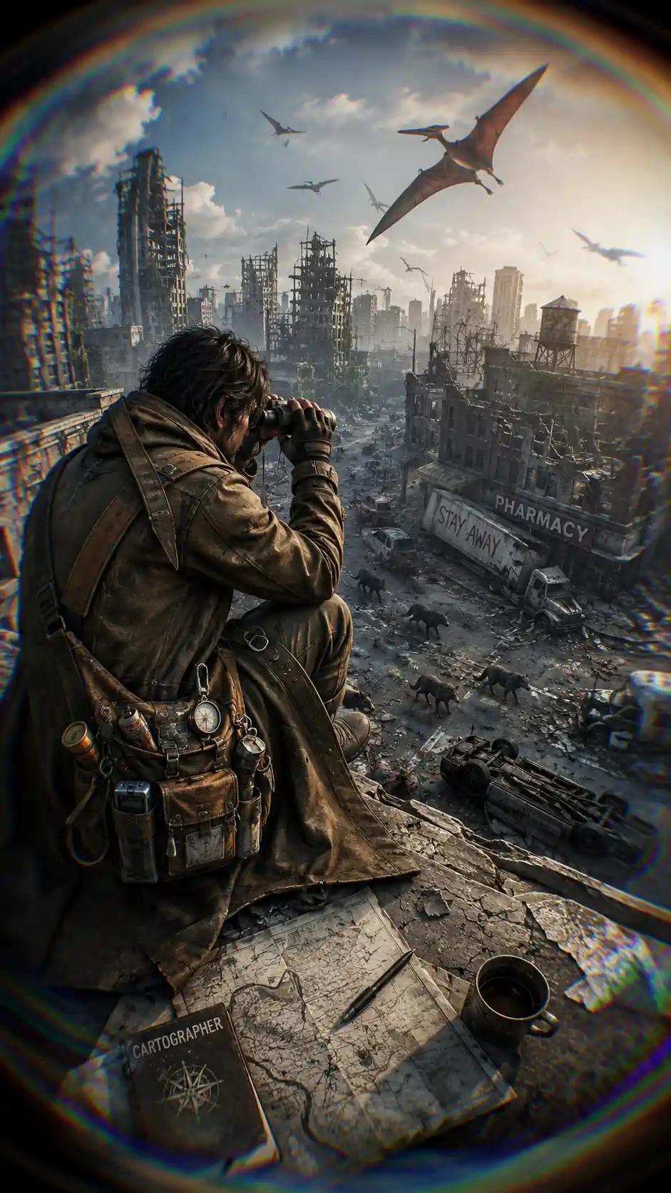 Cartographer On Ruined Skyscraper In Post Apocalyptic City