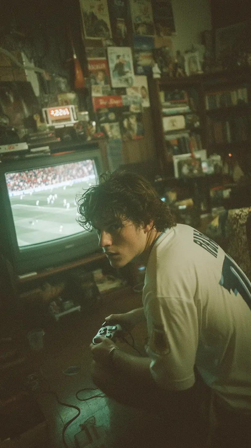 Mann spielt Retro-Konsole im dunklen Schlafzimmer mit Röhrenfernseher
