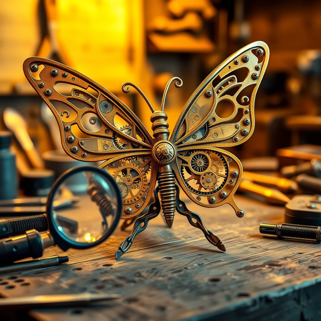 Escultura de borboleta mecânica em bancada de trabalho de madeira vintage