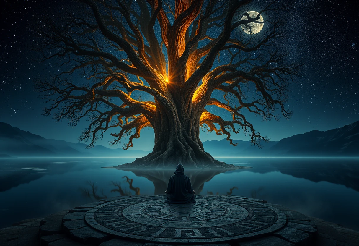 Antico albero del mondo che brilla sopra un lago notturno immobile