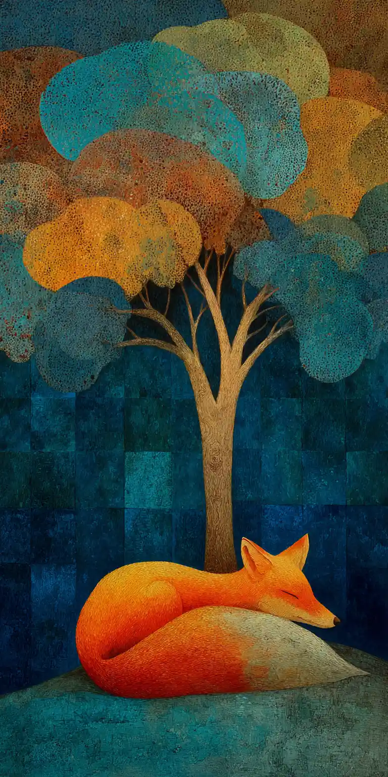 Surreal fox resting under a tree in fantasy forest