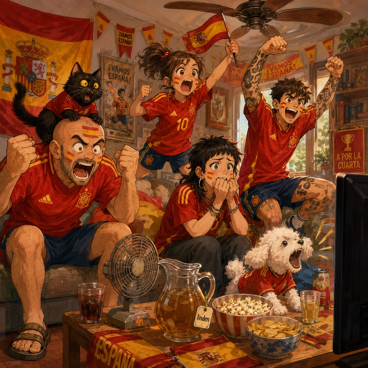 Spanish family watching football match in living room