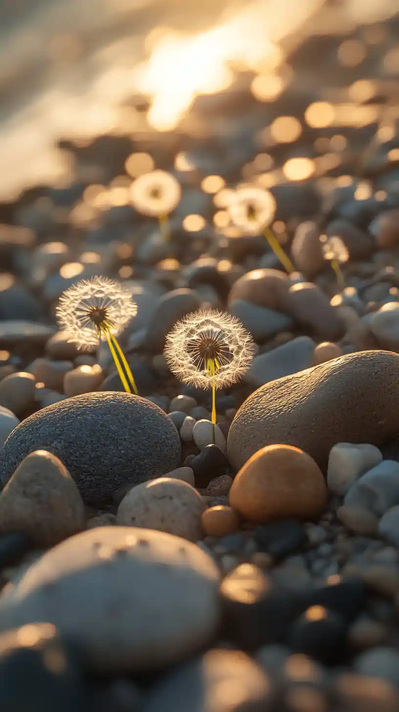 Close up dandelions and pebbles in warm golden light