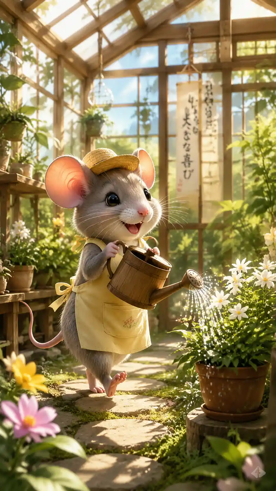 Cheerful Gardener Mouse Watering Plants In Sunlit Greenhouse