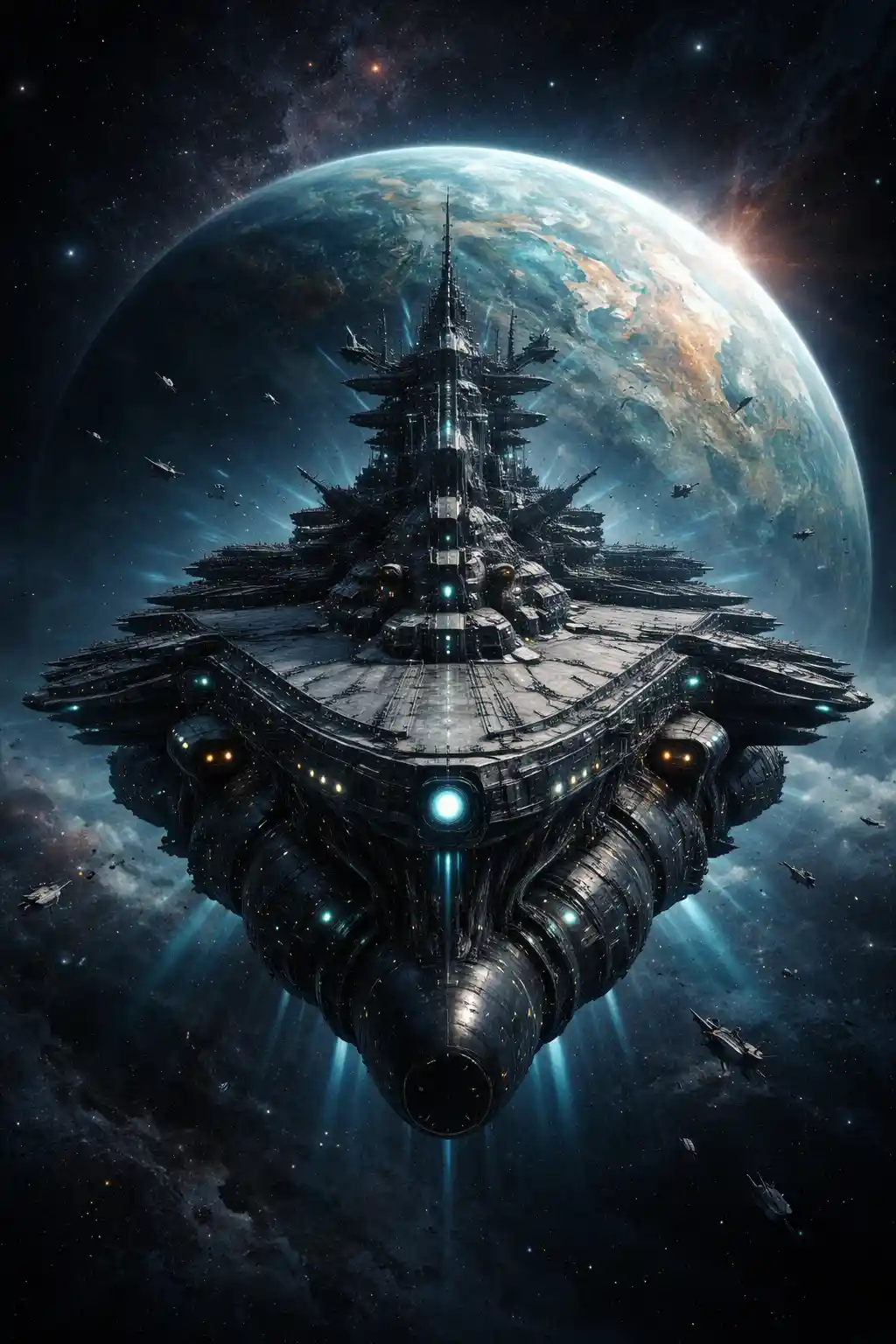 Alien warship spaceship above a distant planet