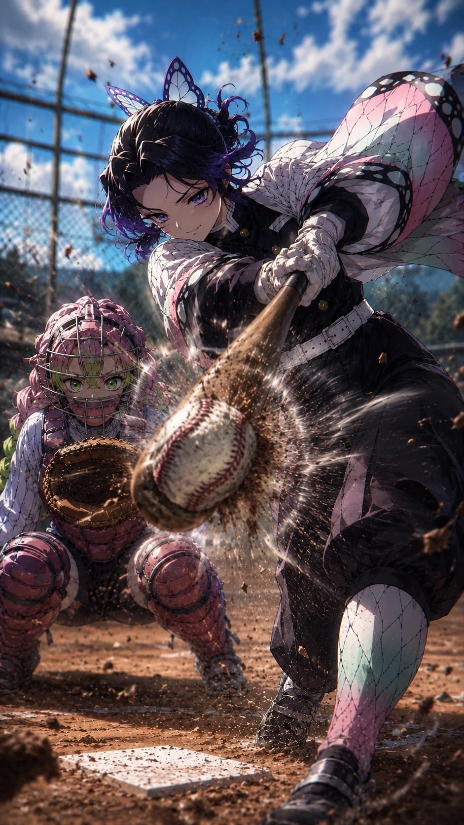 Anime warrior woman crushing a baseball at home plate