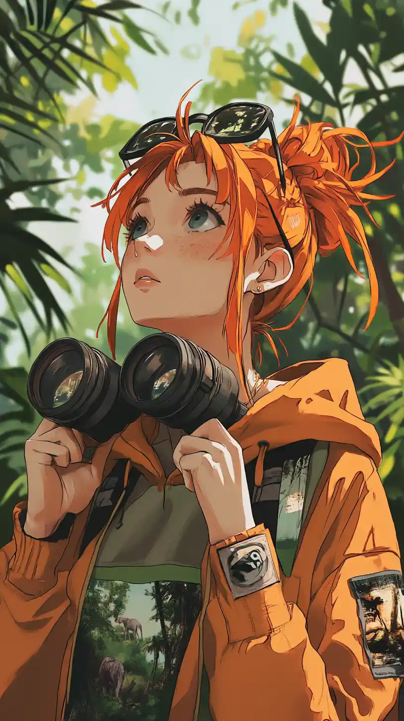 Anime girl with binoculars in a lush jungle safari