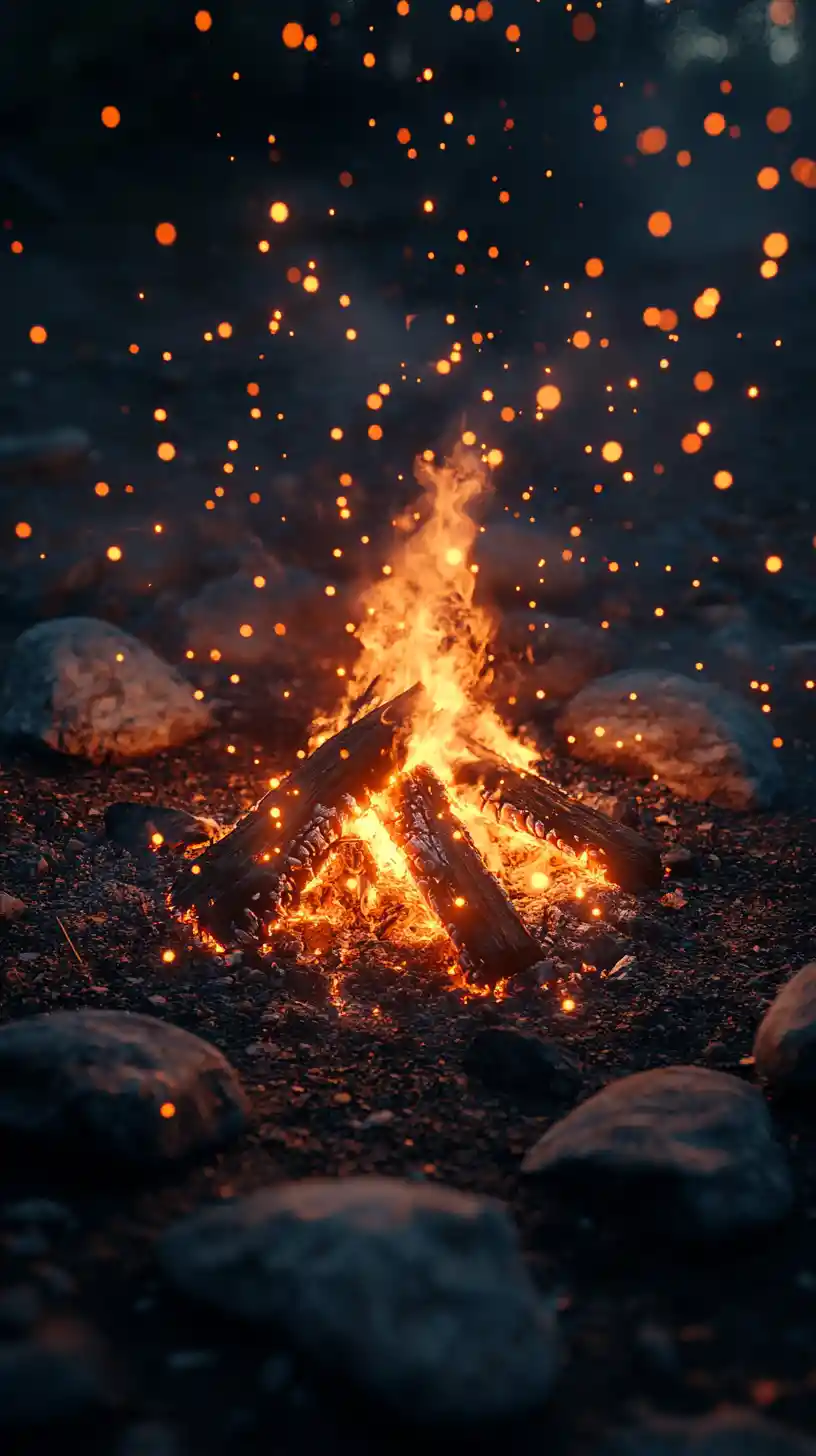 Glowing campfire with sparks in a dark outdoor night scene
