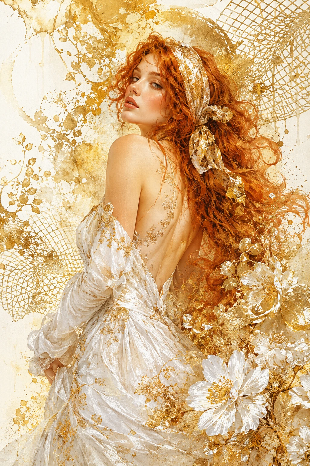 Mulher ruiva com vestido branco e detalhes florais dourados