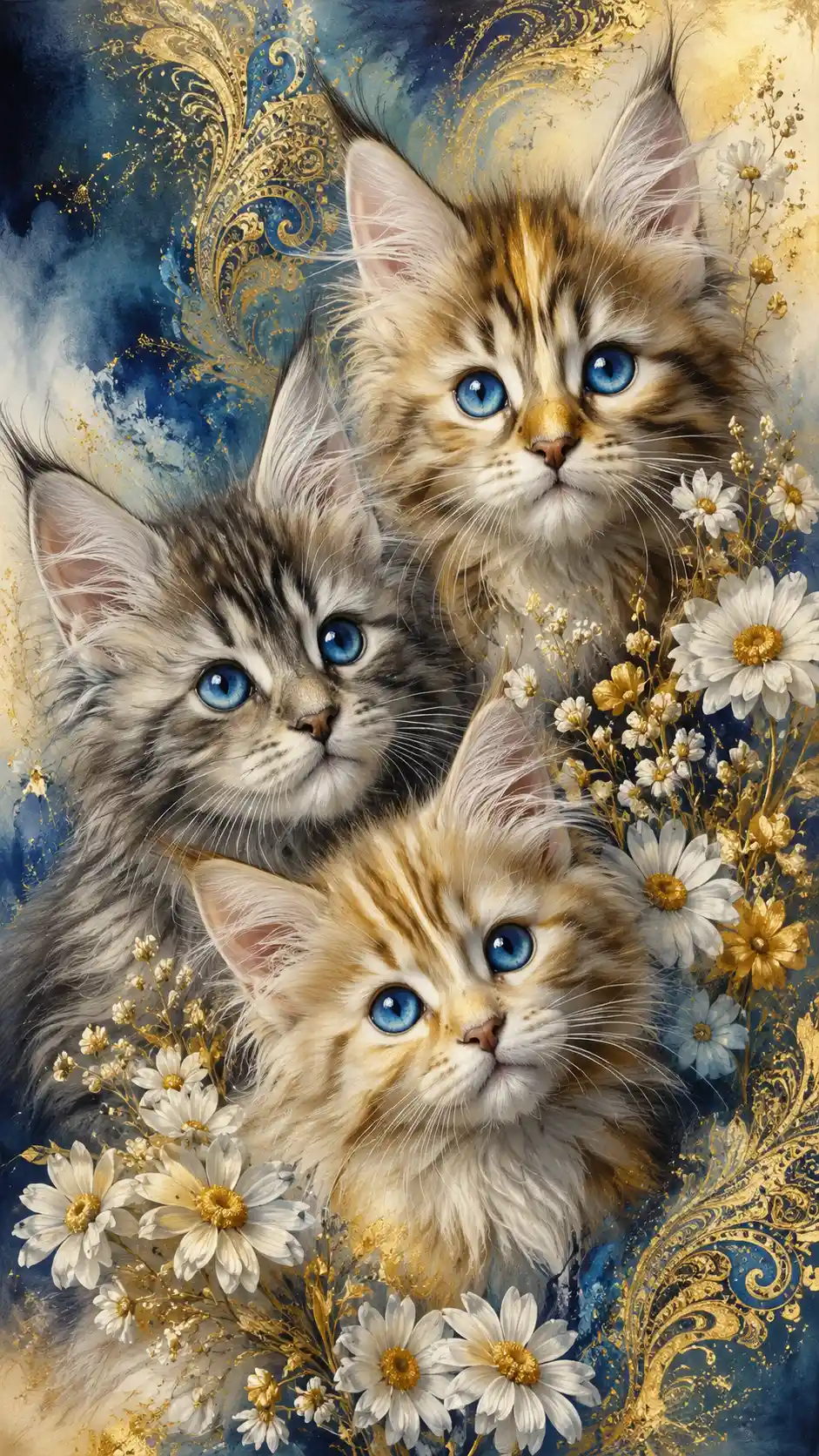 Three maine coon kittens with daisies in close up